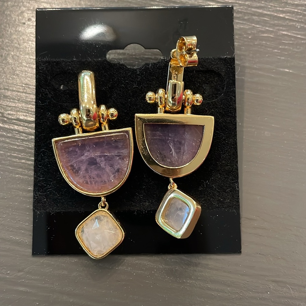 J.Crew Bobbi Stone Drop Earring Purple Multi Quartz Gold Plated, pierced. - Picture 2 of 3